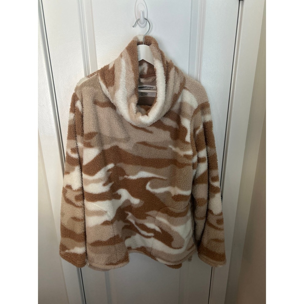 Sweatshirt project tan and brown camo patterned fleece cowl neck top XL